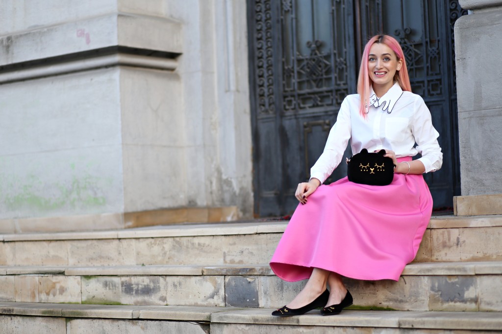 madalina misu, madalina misu fashion blog, blog de moda, fashion, fusta ampla, cum purta fusta ampla, fusta ampla cu buline, roz, barbie girl, white polka dot skater skirt, choies, choies review, ootd, outfit of the day, ce purtam primavara, primavara-vara treduri 2015-2016, fusta midi, cum purtam fusta midi, camasa cu guler pisica