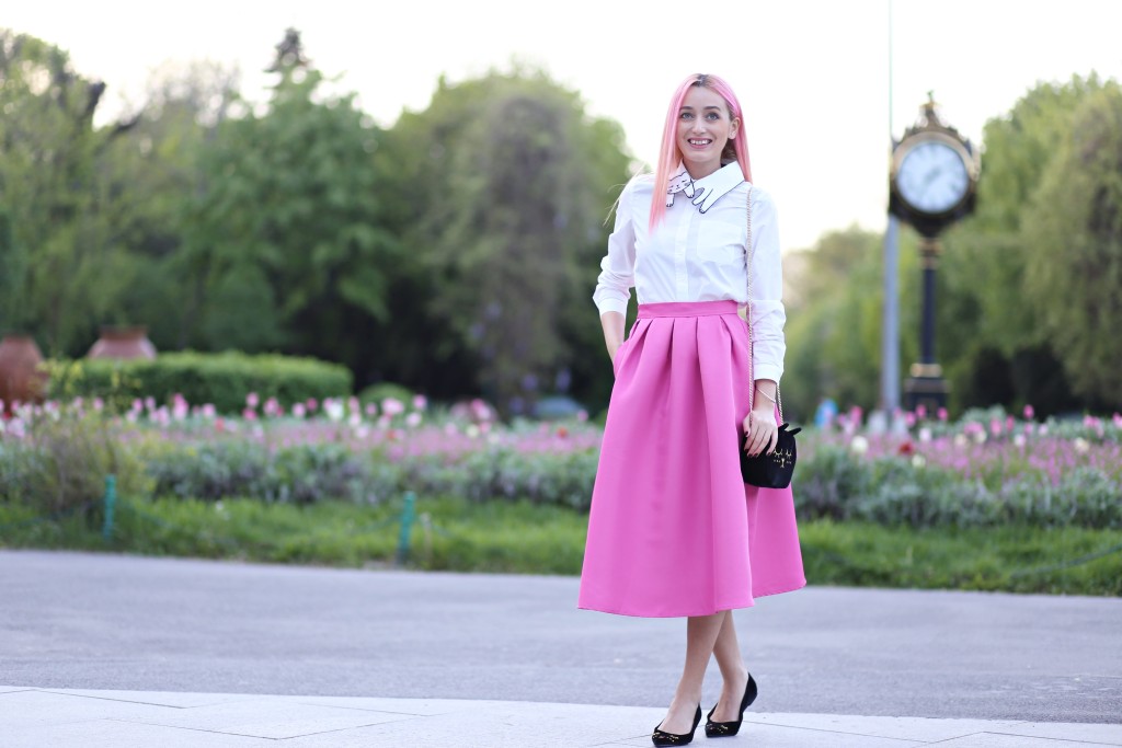 madalina misu, madalina misu fashion blog, blog de moda, fashion, fusta ampla, cum purta fusta ampla, fusta ampla cu buline, roz, barbie girl, white polka dot skater skirt, choies, choies review, ootd, outfit of the day, ce purtam primavara, primavara-vara treduri 2015-2016, fusta midi, cum purtam fusta midi, camasa cu guler pisica