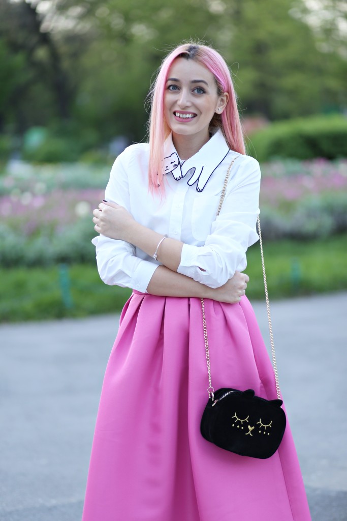 madalina misu, madalina misu fashion blog, blog de moda, fashion, fusta ampla, cum purta fusta ampla, fusta ampla cu buline, roz, barbie girl, white polka dot skater skirt, choies, choies review, ootd, outfit of the day, ce purtam primavara, primavara-vara treduri 2015-2016, fusta midi, cum purtam fusta midi, camasa cu guler pisica