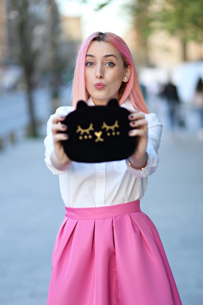 madalina misu, madalina misu fashion blog, blog de moda, fashion, fusta ampla, cum purta fusta ampla, fusta ampla cu buline, roz, barbie girl, white polka dot skater skirt, choies, choies review, ootd, outfit of the day, ce purtam primavara, primavara-vara treduri 2015-2016, fusta midi, cum purtam fusta midi, camasa cu guler pisica